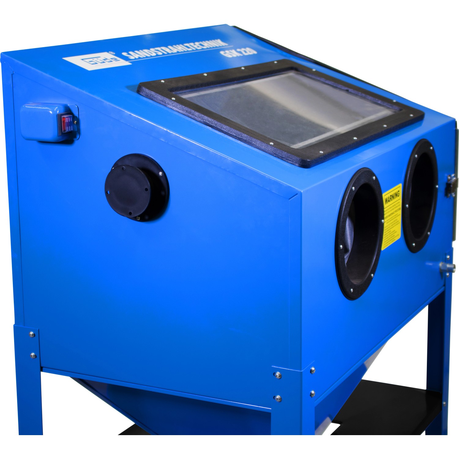 Blaue Güde Sandstrahlkabine GSK 220 mit Sichtfenster und Handschuhen.