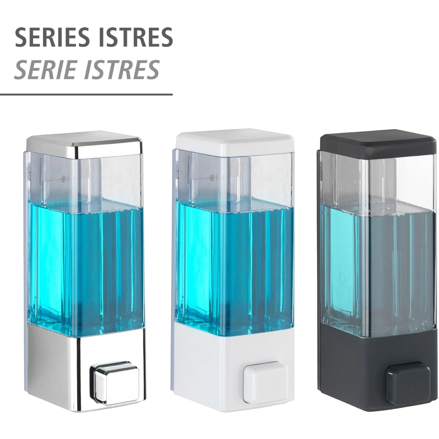 Wenko Desinfektionsmittelspender Istres, 3er Set in Schwarz, Weiß und Chrom, für Bad und Küche.
