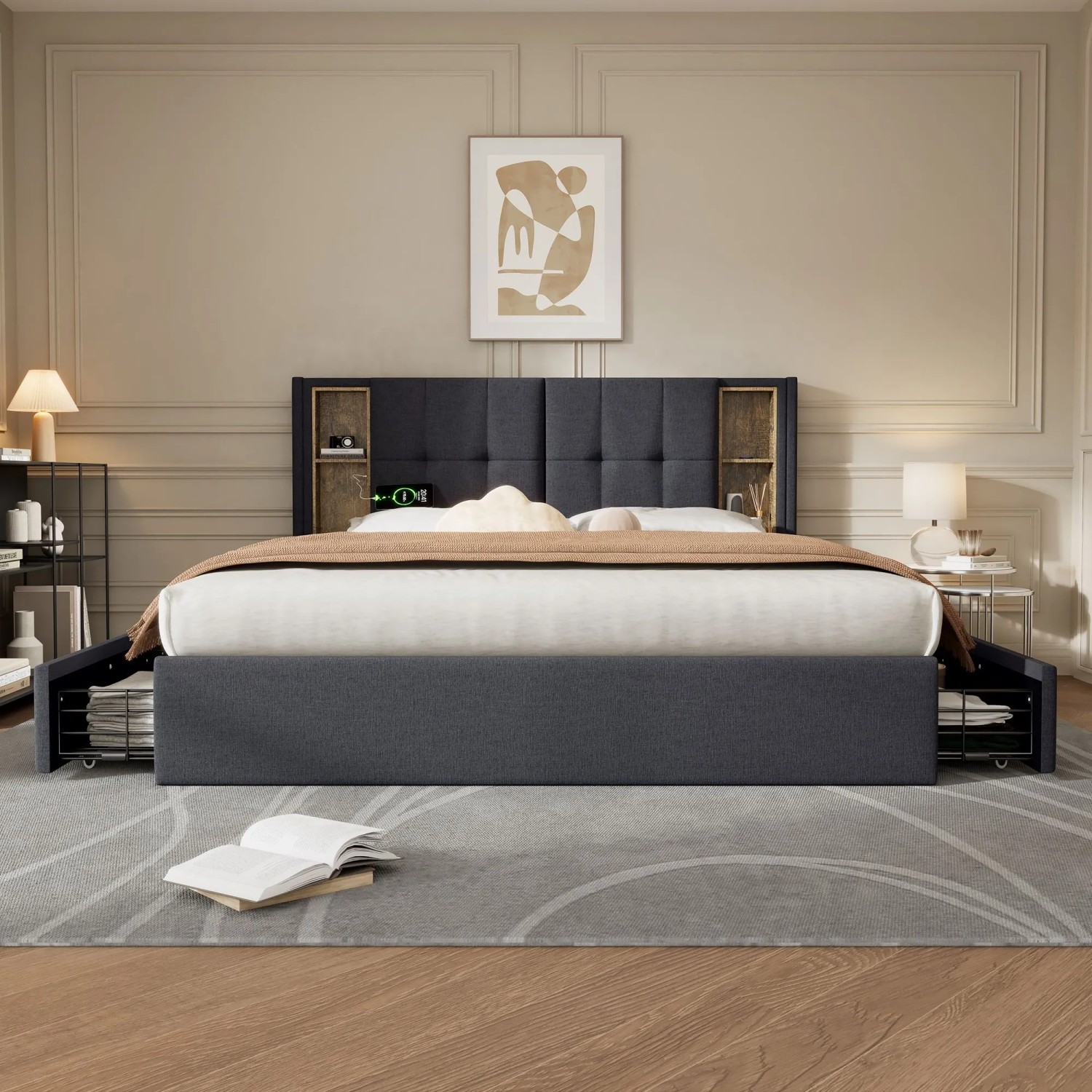 okwish Polsterbett 160x200cm mit USB C Schubladen Schlafzimmer Grau Leinen ohne Matratze_4