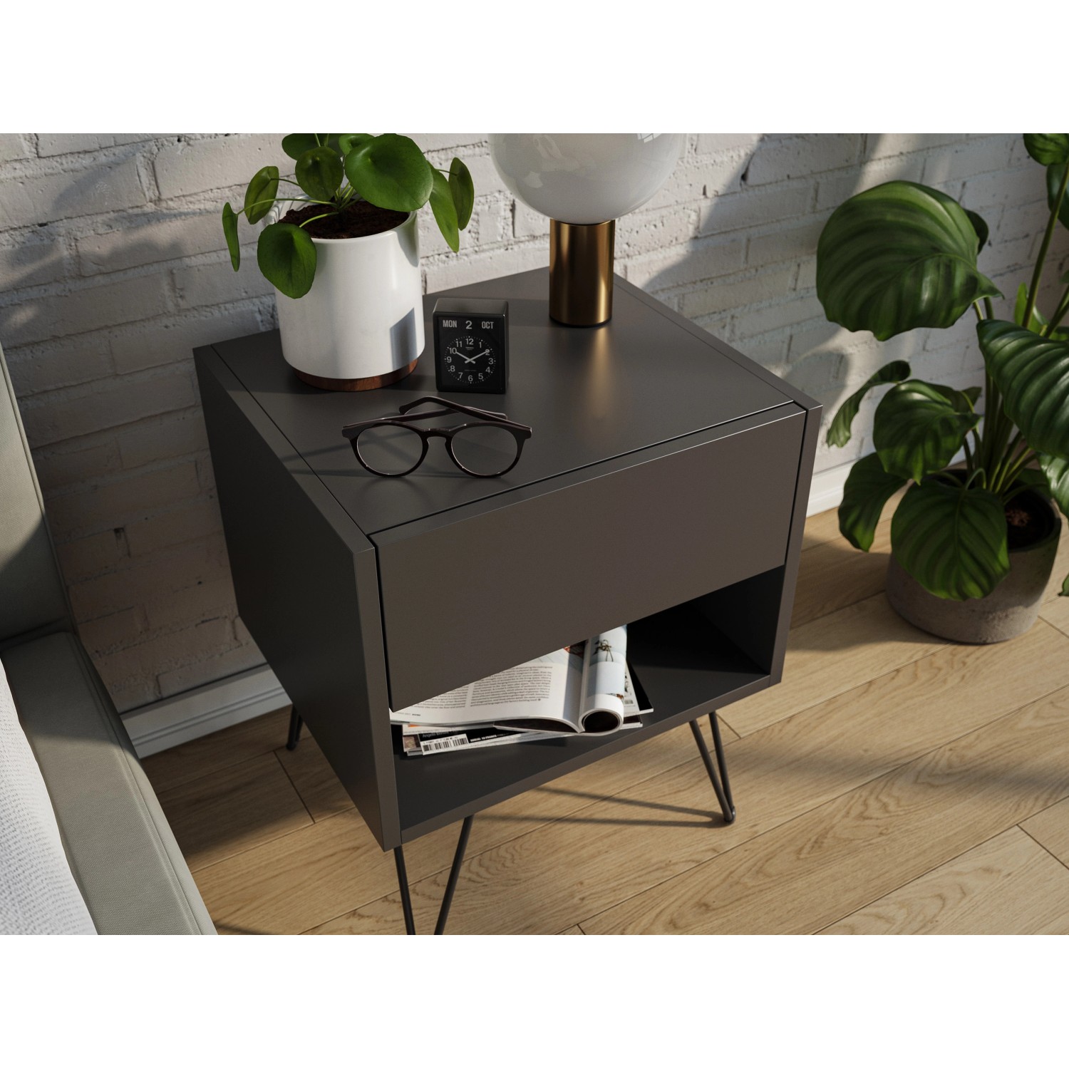 Posseik Nachttisch-Set Industrial B, 2-teilig, Grafit, mit Ablagefach und Metallfüßen.