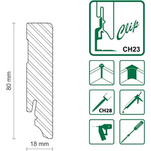 FN Neuhofer Sockelleiste L0156L, Kiefer, weiß lackiert, mit Clip-System und Maßangaben.