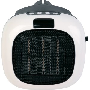 Kompakter, weißer Steckdosen-Heizlüfter 700 W für kleine Räume. Elektrisches Heizgerät mit Timer und Thermostat.