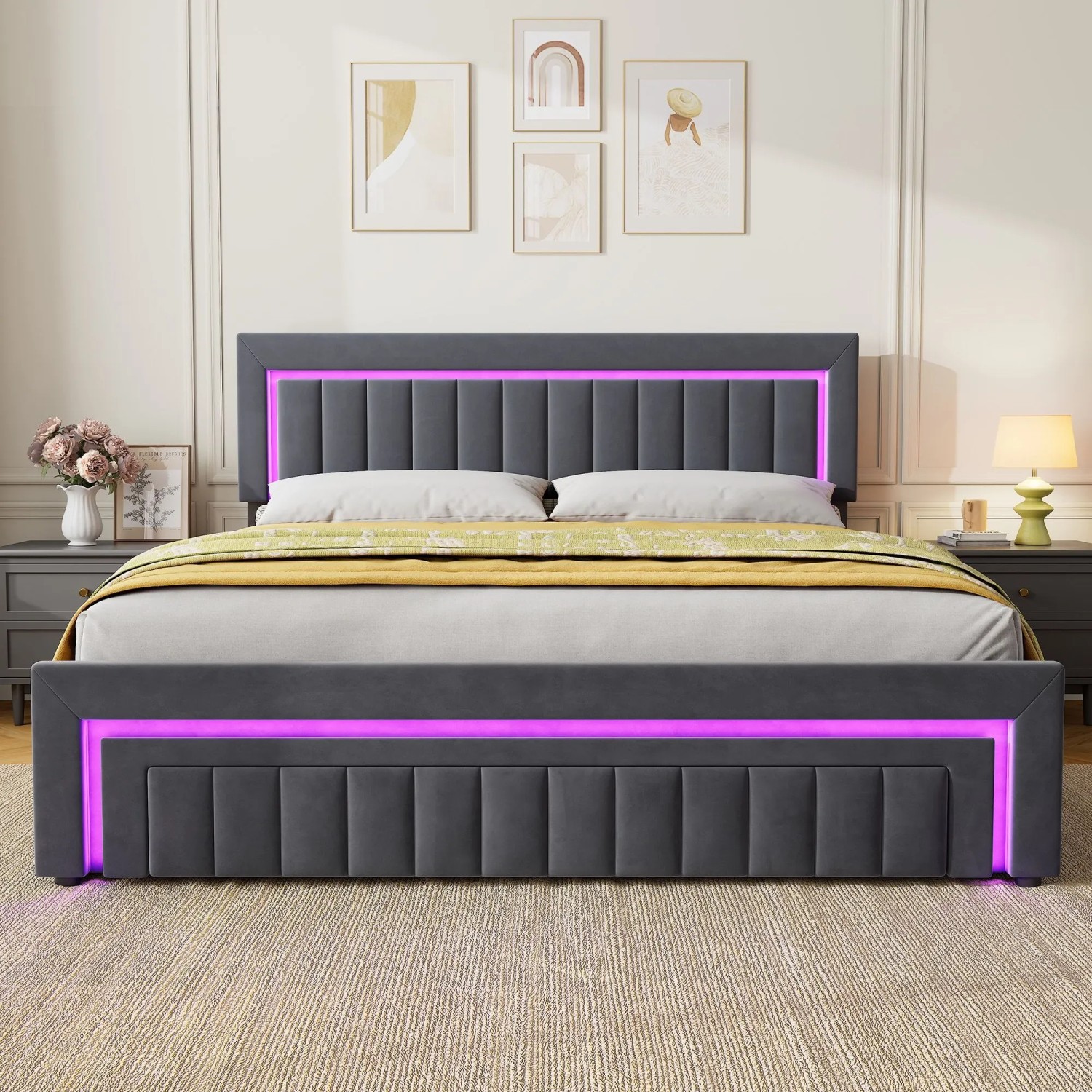 okwish Polsterbett mit LED Beleuchtung Schubladen Jugendzimmer 180x200cm Grau_9