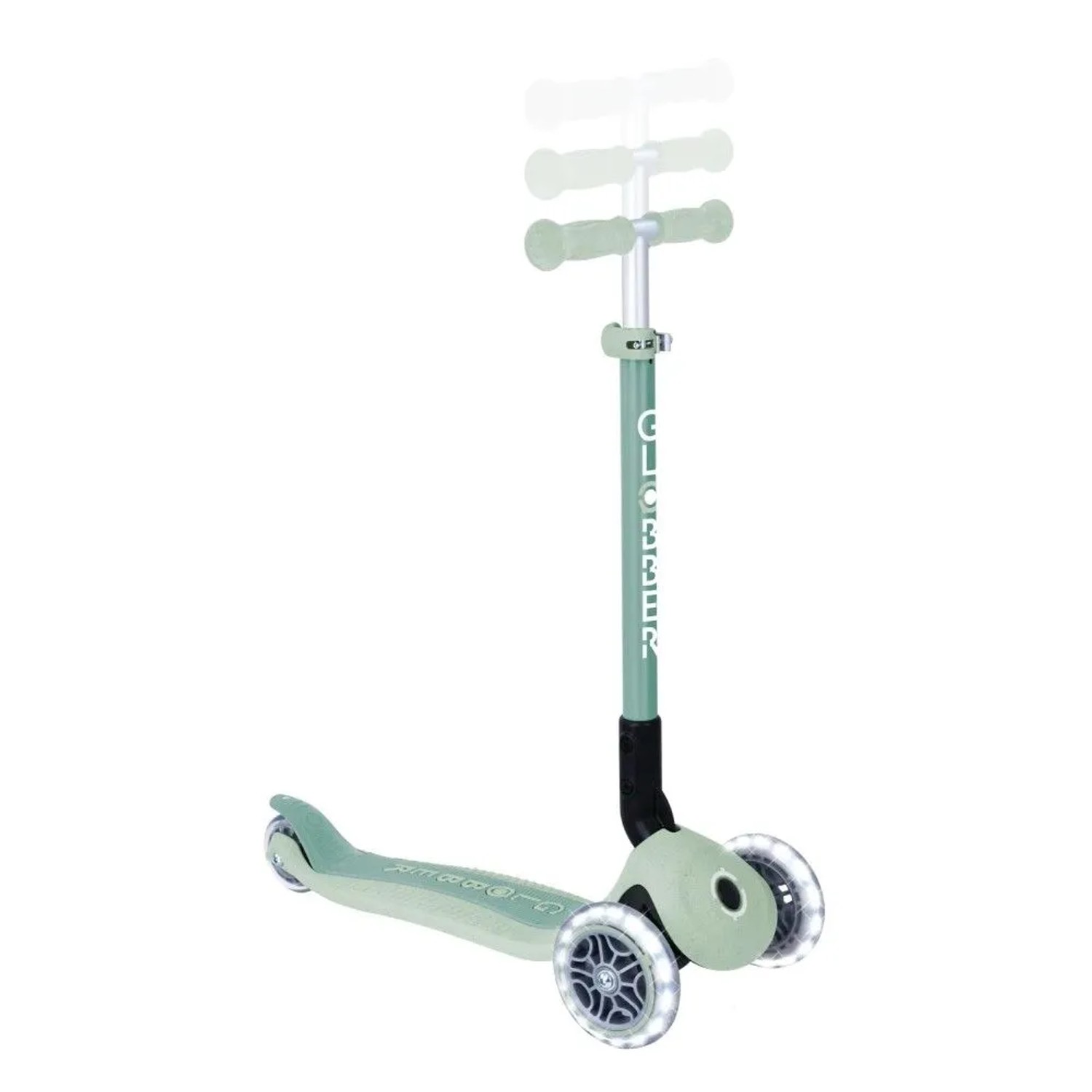 Globber Primo Foldable Lights Tretroller in Pistazie mit 3 LED-Rädern und höhenverstellbarer Lenkstange.