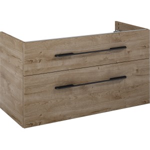 Maximus Waschbeckenunterschrank MADRID Eiche 100 cm mit zwei Schubladen und schwarzen Griffen.