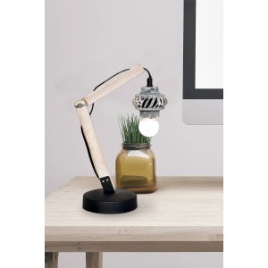 Graue Design-Tischleuchte Rossa V mit Holz- und Eisenelementen. Dekorative Lampe für den Innenbereich.