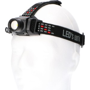 LED's Work Stirnlampe, dimmbar und zoombar, auf einem weißen Kopf befestigt.
