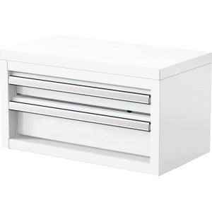 Weiße Mini Toolbox mit 2 Schubladen, 26x17x28 cm, zur Aufbewahrung von Kleinteilen.