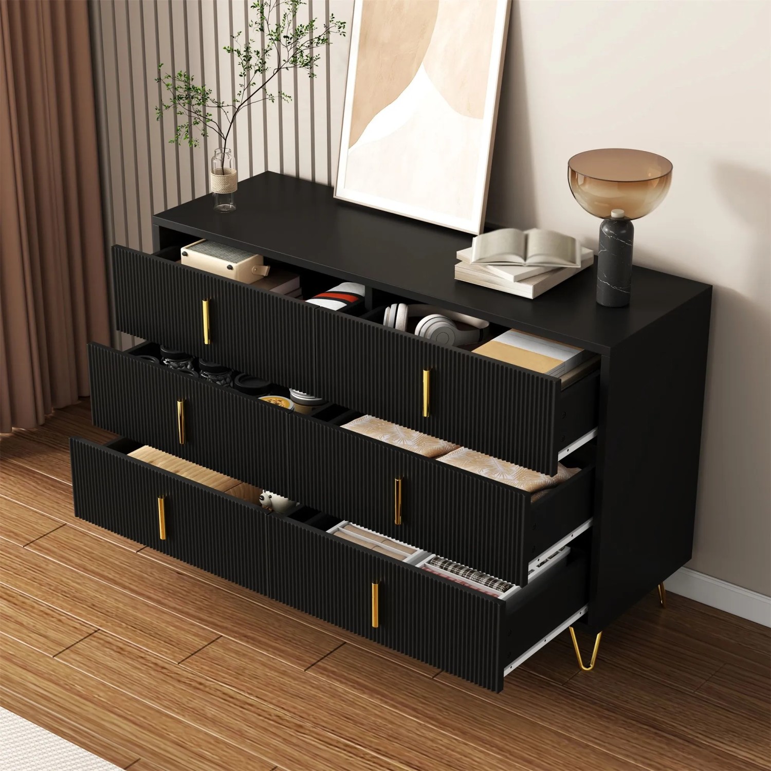 okwish Sideboard mit Goldgriffen Stauraum Wohnzimmer 120x40x77cm Schwarz_3