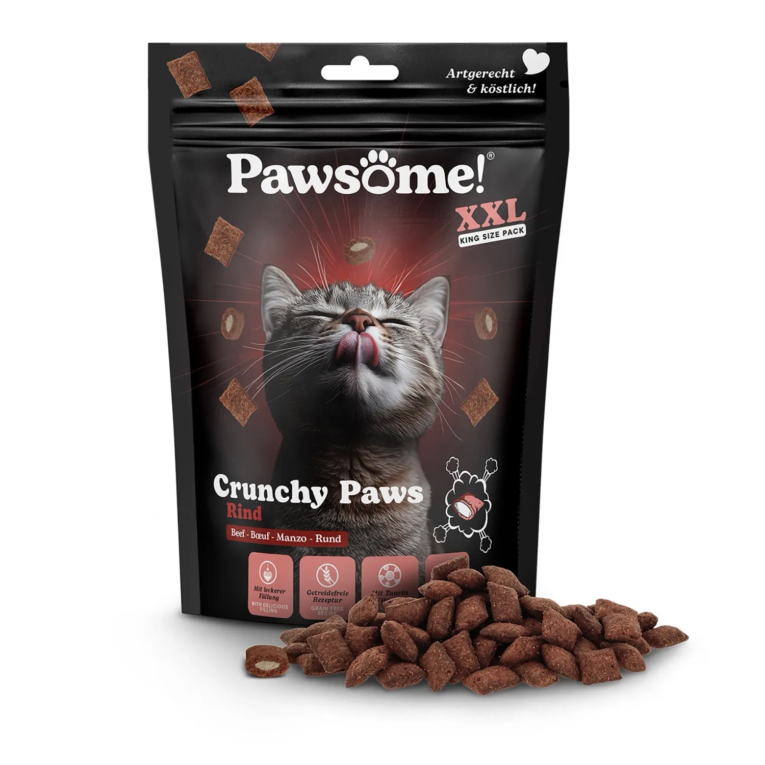 Pawsome Crunchy Paws Rind: Katzenleckerli, knusprige Snacks mit Rind, 150g XXL-Packung.
