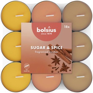 Bolsius Duftteelichter Sugar & Spice, 18 Stück in Gelb, Orange und Braun.