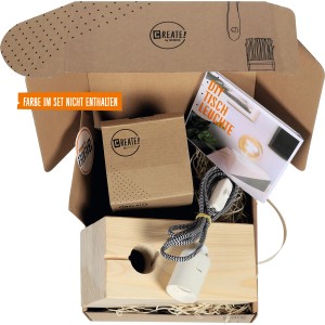 CREATE! by OBI DIY Tischleuchte Groß im Karton mit Holzwürfel, Kabel, Fassung und Anleitung.