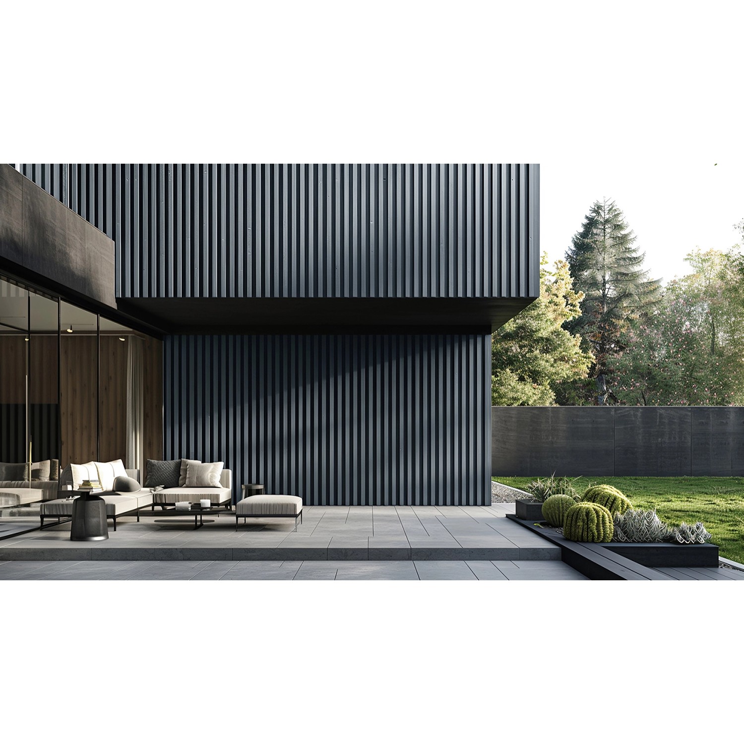 Moderne Fassade mit WPC Fassadenverkleidung DUVAR in Hellgrau. Holzoptik für stilvolle Aussenbereiche.