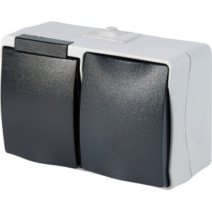 Graue Feuchtraum Schalterkombination IP44 für Aufputzmontage im Innen- & Außenbereich.