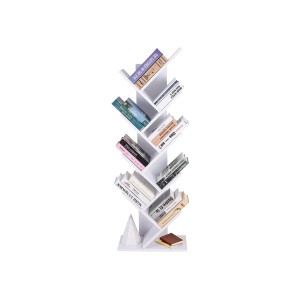 Weißes Vasagle Bücherregal in Baumform mit acht Ablagen, gefüllt mit Büchern.