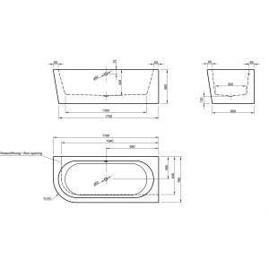 Technische Zeichnung der weißen Ottofond Eckbadewanne Modena Corner links, 178 cm, mit Maßangaben.