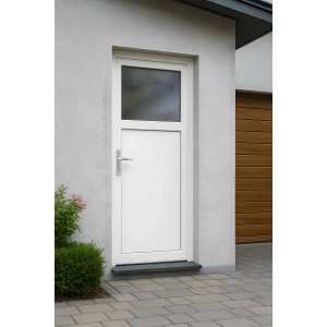 Weiße Panto Nebeneingangstür K301 mit Fenster und Griff, Ansicht von außen.