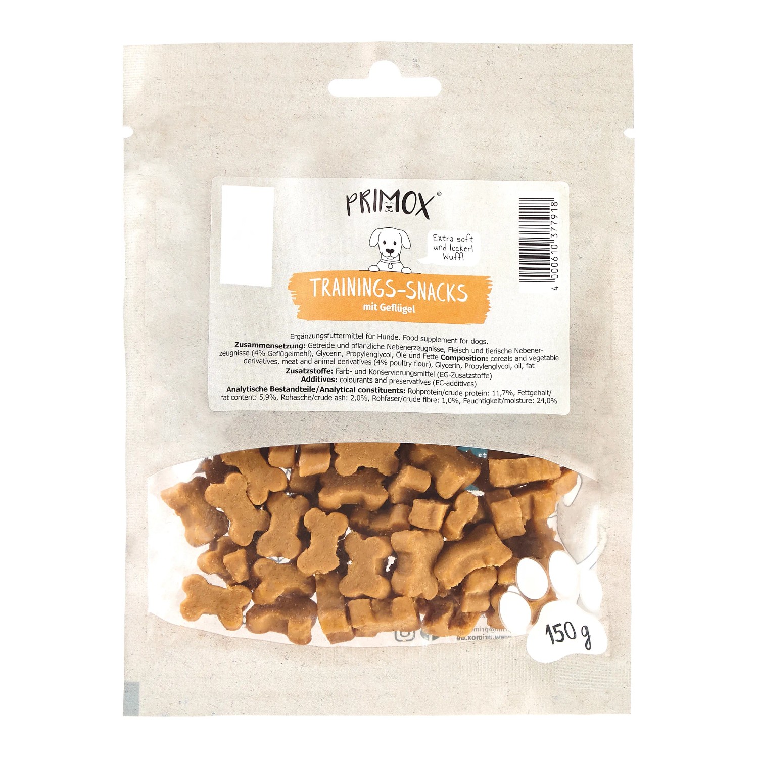 Primox Trainingssnack mit Geflügel, 150g, Knochenform. Ideal für das Hundetraining.