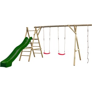 SwingKing Spielgerät Noortje mit grüner Rutsche, zwei Schaukeln und Kletterleiter aus Holz.