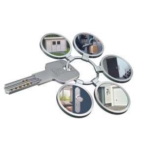 Basi Profilzylinder mit Knauf, K50/40 mm, gleichschließend, mit Schlüsselring und Anwendungsbeispielen.
