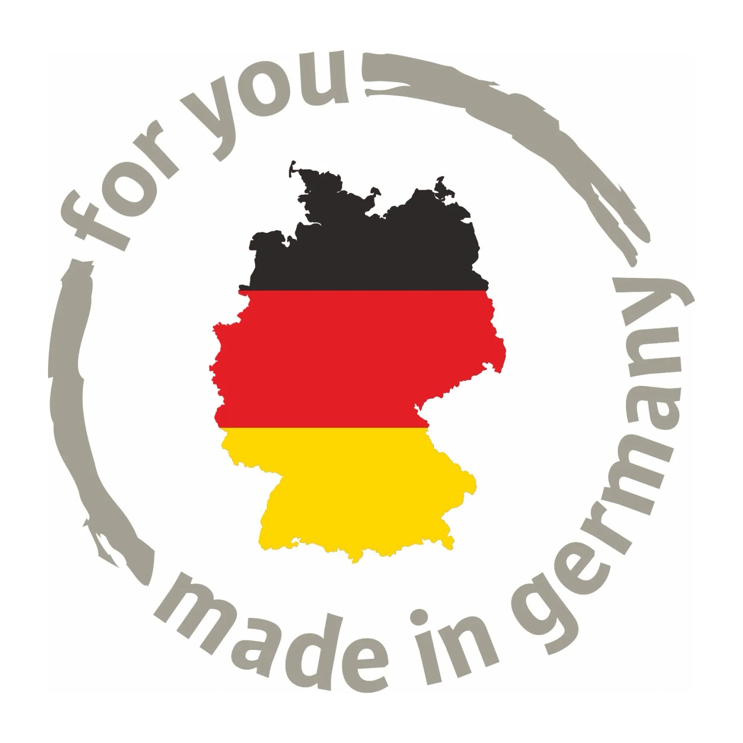 Deutschlandkarte in den Nationalfarben Schwarz, Rot, Gold mit dem Schriftzug "for you - made in germany"