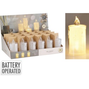 Warmweisse LED-Kerze aus transparentem Polypropylen mit Flammeneffekt, batteriebetrieben. Ideal für Weihnachtsdekoration.