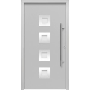 Graue Sicherheits-Haustür ThermoSpace Prime Wien RC2 mit Edelstahlgriff und quadratischen Designelementen.