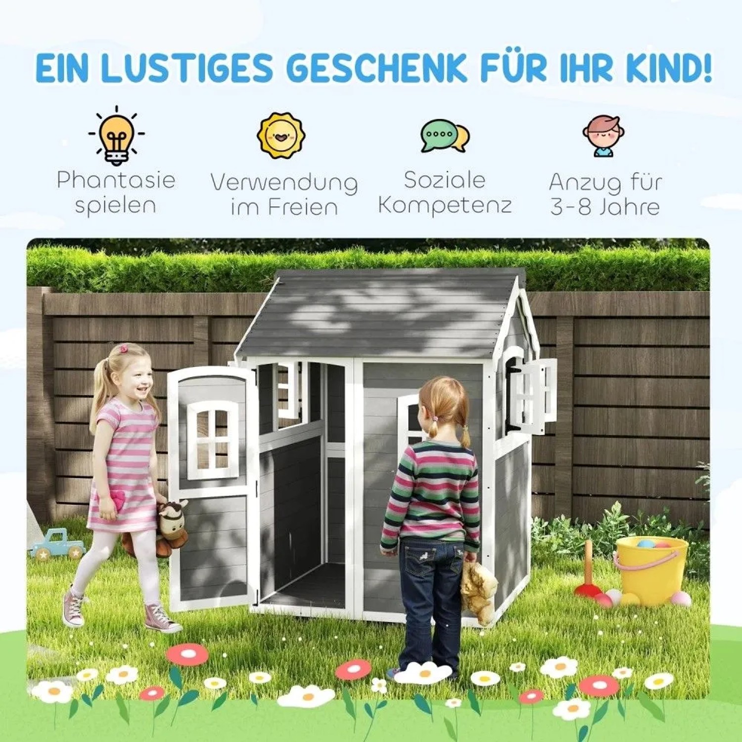 Outsunny Kinderspielhaus aus Holz, grau-weiß, mit Tür, Fenstern und Pflanzkasten. Kinder spielen im Garten.