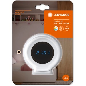 Ledvance LED-Nachtlicht Nightlux mit Uhr, weiß. Orientierungslicht mit Zeitanzeige und USB-Ladefunktion.