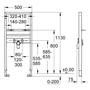 Technische Zeichnung Grohe Rapid SL für Waschtisch, Trockenbauelement mit Maßangaben.