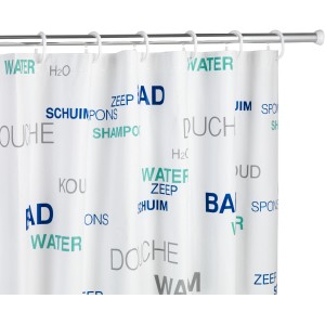 Wenko Teleskop Duschstange Chrom mit Duschvorhang mit Aufdruck von Badezimmer-Begriffen.