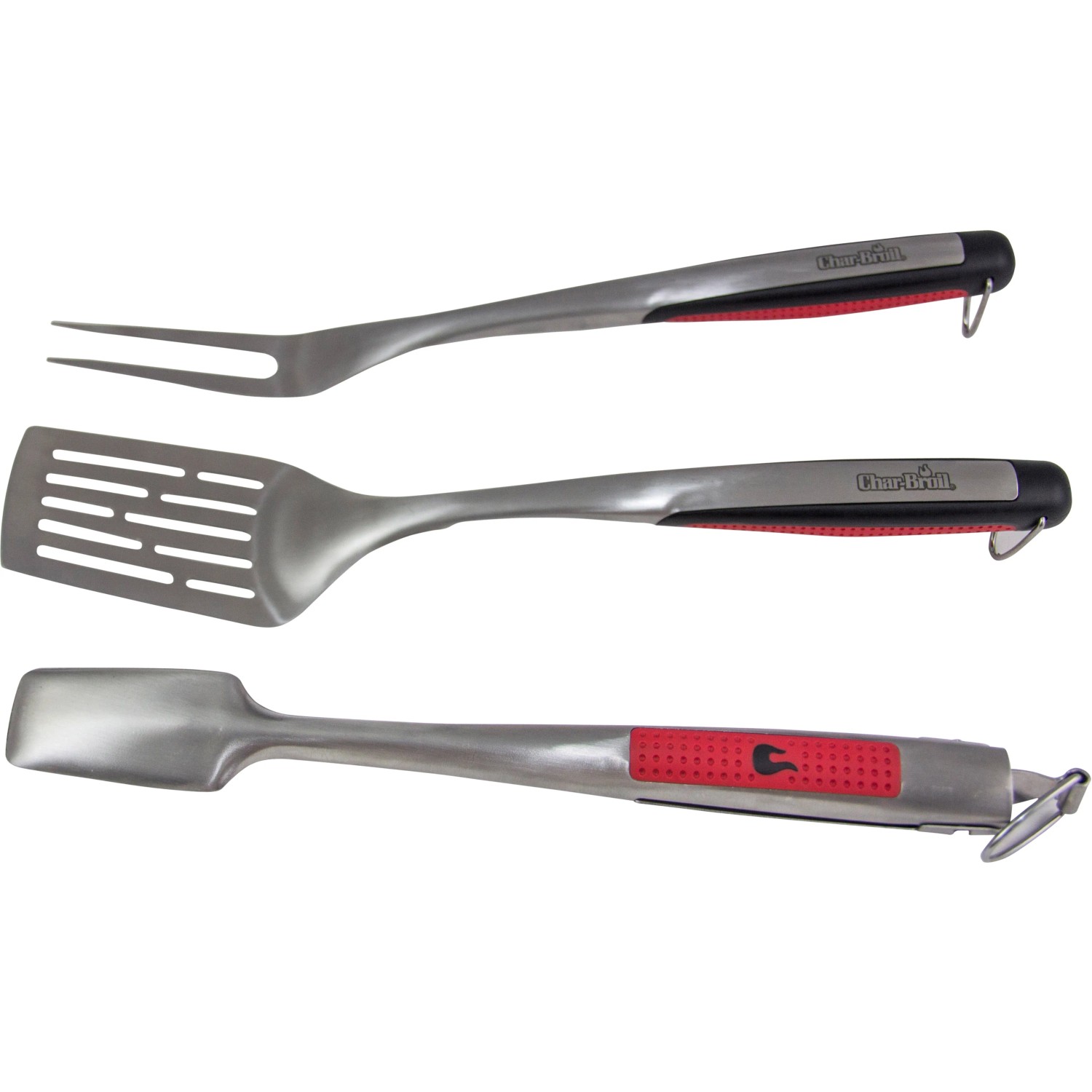 Char-Broil Grillbesteck-Set, 3-teilig: Wender, Zange und Gabel aus Edelstahl mit Komfortgriffen.