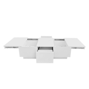 Weißer Hochglanz Couchtisch, 100x50 cm, mit ausgezogenen Schubladen und Fächern für praktischen Stauraum im Wohnzimmer.