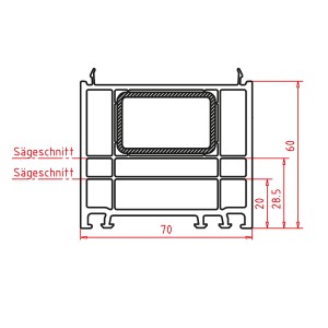 Technische Zeichnung: Weißes KM Meeth Verbreiterungsprofil, 60x70x1400 mm, für Fenster-Zubehör.