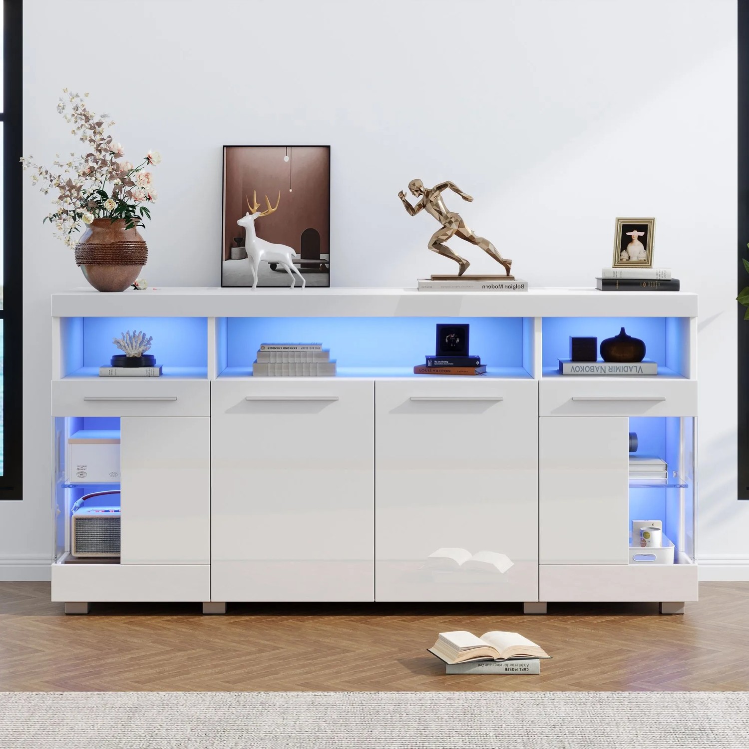 okwish Sideboard mit LED Hochglanz Glasfächer Wohnzimmer 140x40x70 cm Weiß_2