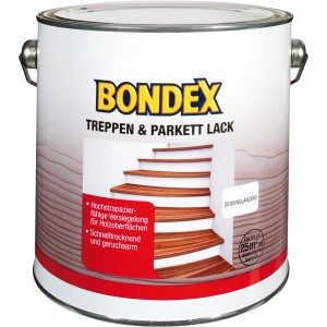 Dose Bondex Treppen- und Parkettlack, farblos, seidenglänzend, für stark beanspruchte Holzflächen.