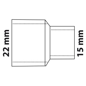 Abbildung einer blanken Kirchhoff Reduzier-Doppelmuffe 22 mm x 15 mm für Lötfittings.