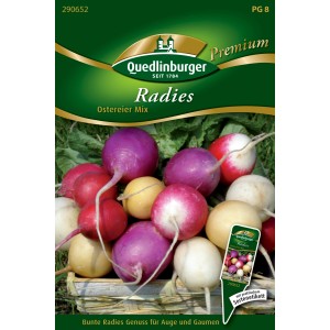 Samentüte Quedlinburger Radieschen "Ostereier Mischung" mit bunten Radieschen in rot, violett, gelb und weiß.