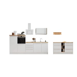 Respekta Küchenzeile Gabriel 290 cm mit Kücheninsel in Weiß Hochglanz, inklusive Elektrogeräte.