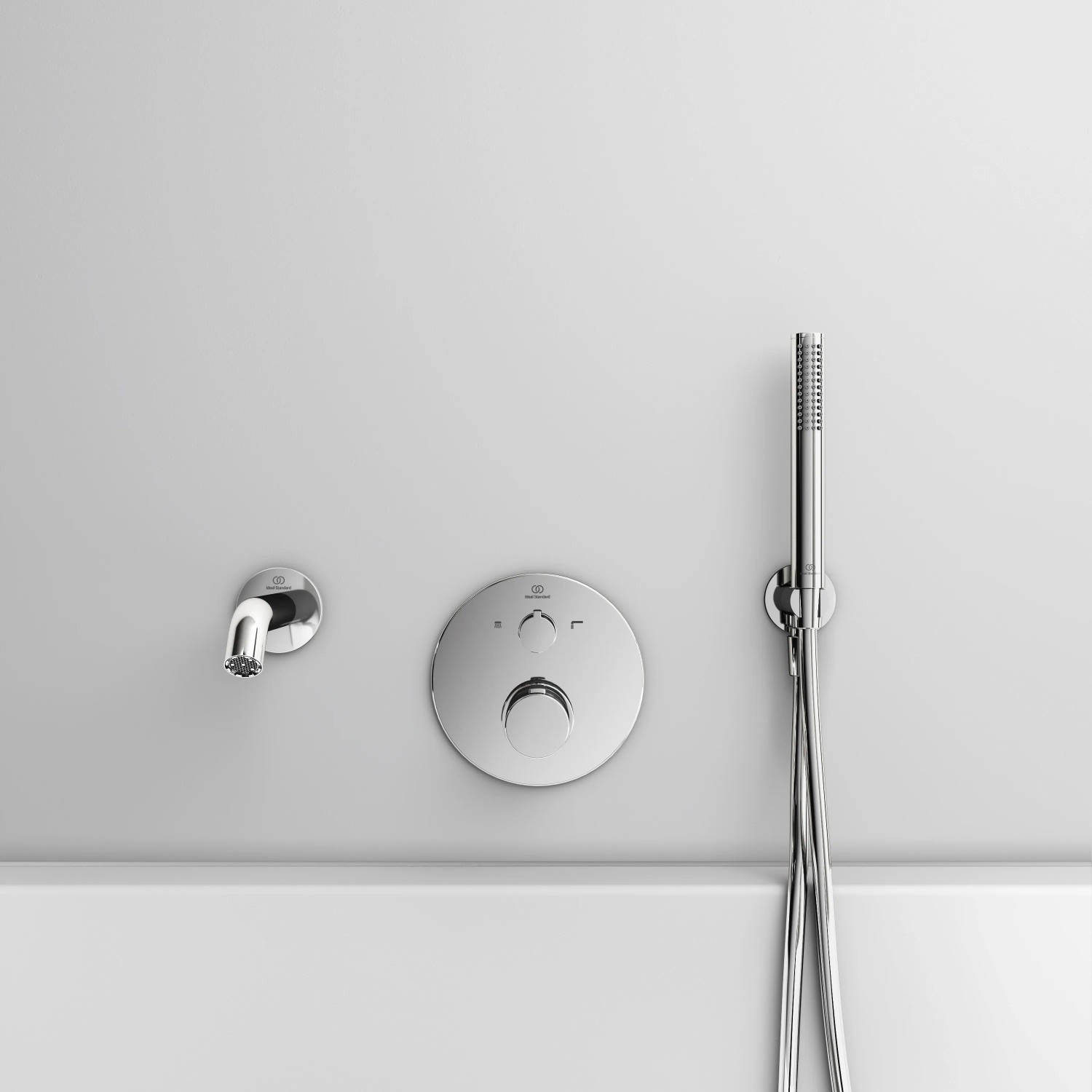 Ideal Standard Brausehalter Idealrain Atelier, rund, Chrom, mit Handbrause und Armatur.