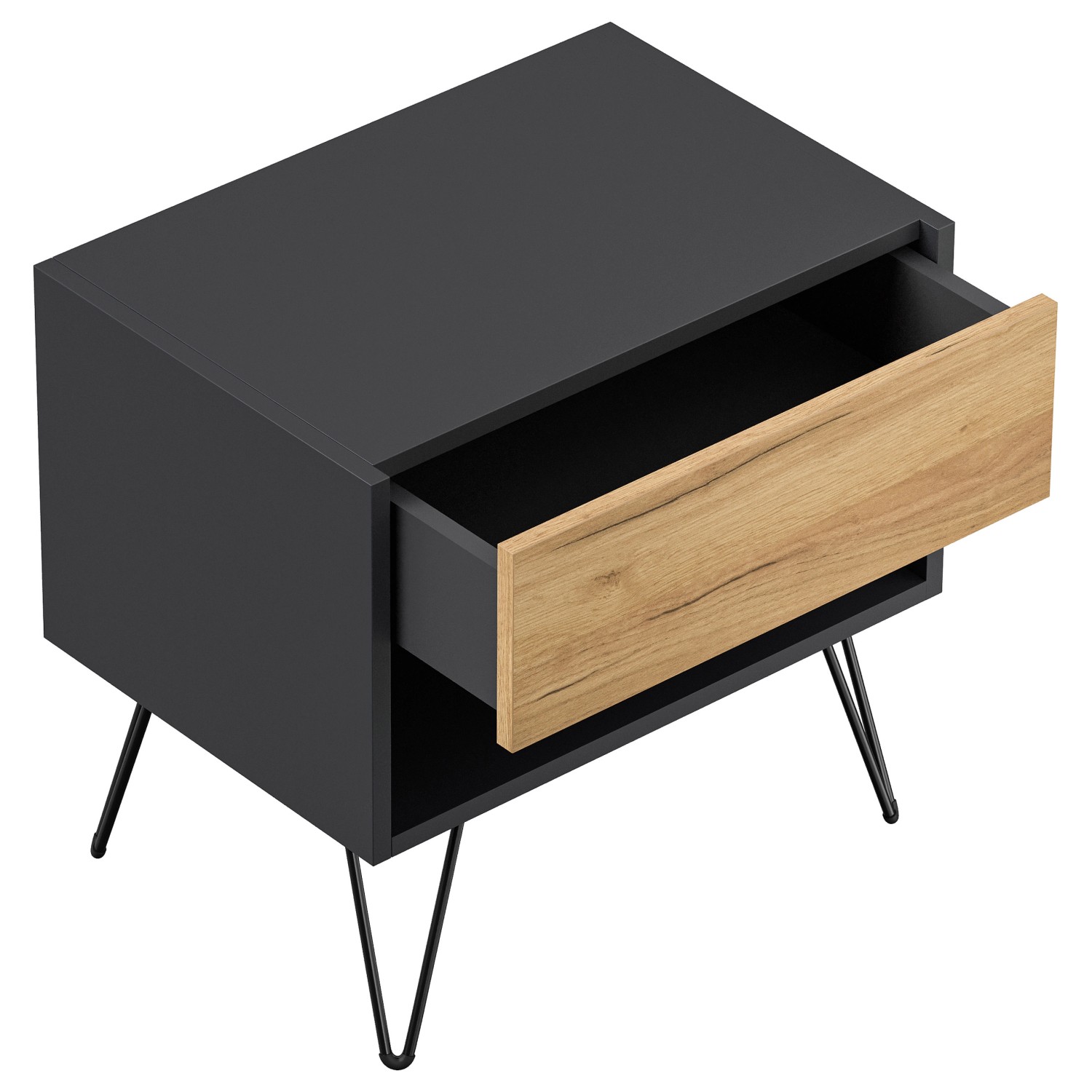 Posseik Nachttisch-Set Industrial, 2-teilig, Grafit/Eiche, mit offener Schublade und Metallfüßen.