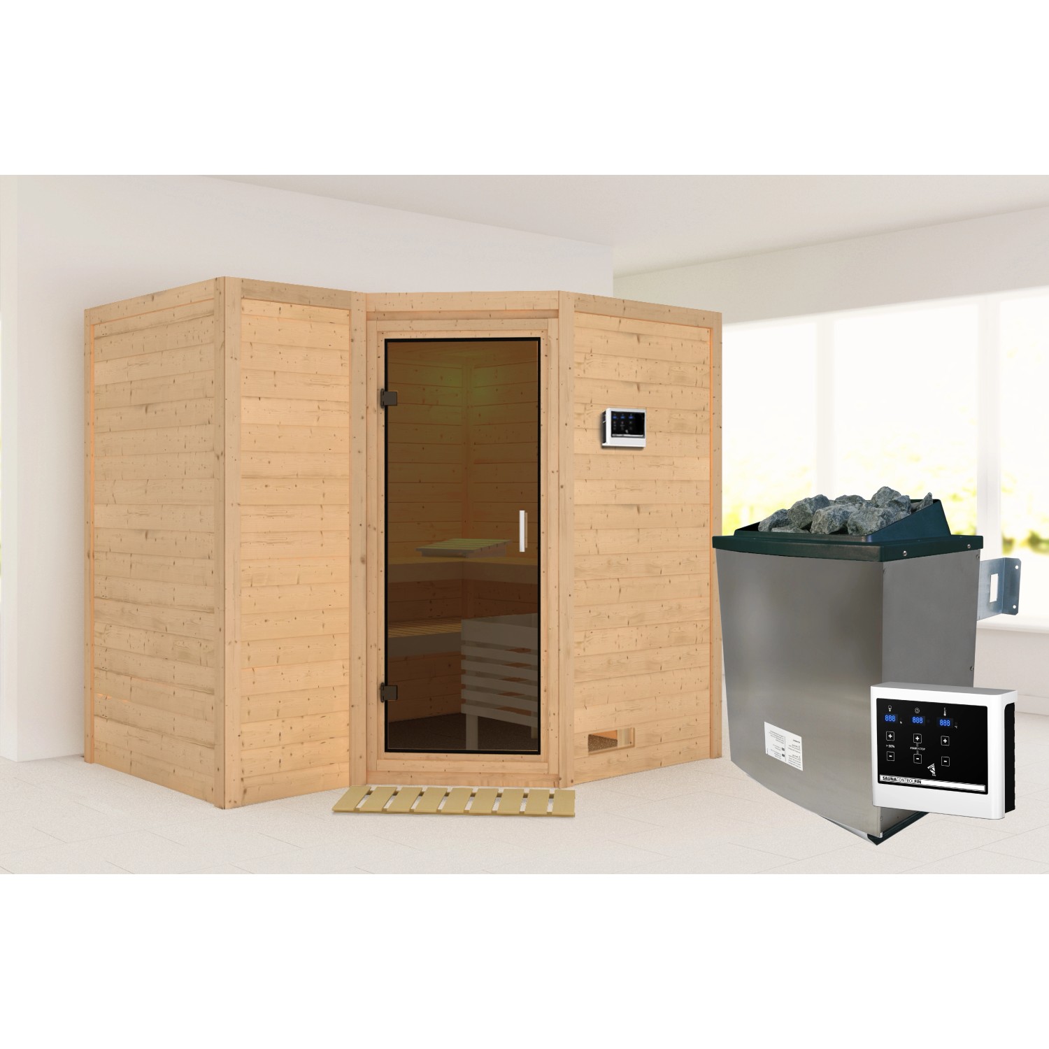 Karibu Sauna Steena 2 aus Fichte mit Ofen und externer Steuerung. Massivholzsauna mit Glastür.