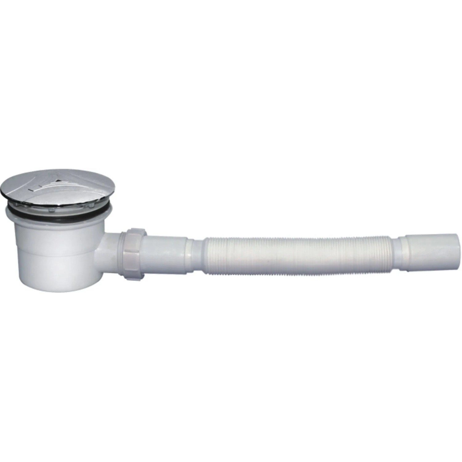 Siphon für Brausetasse, Ø 90 mm, mit verchromtem Ablaufventil und flexiblem Schlauch.