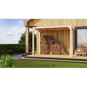Karibu Pavillon Fyrkant Halb, naturbelassen, mit Holz gefüllt. Gartenlaube mit Flachdach.