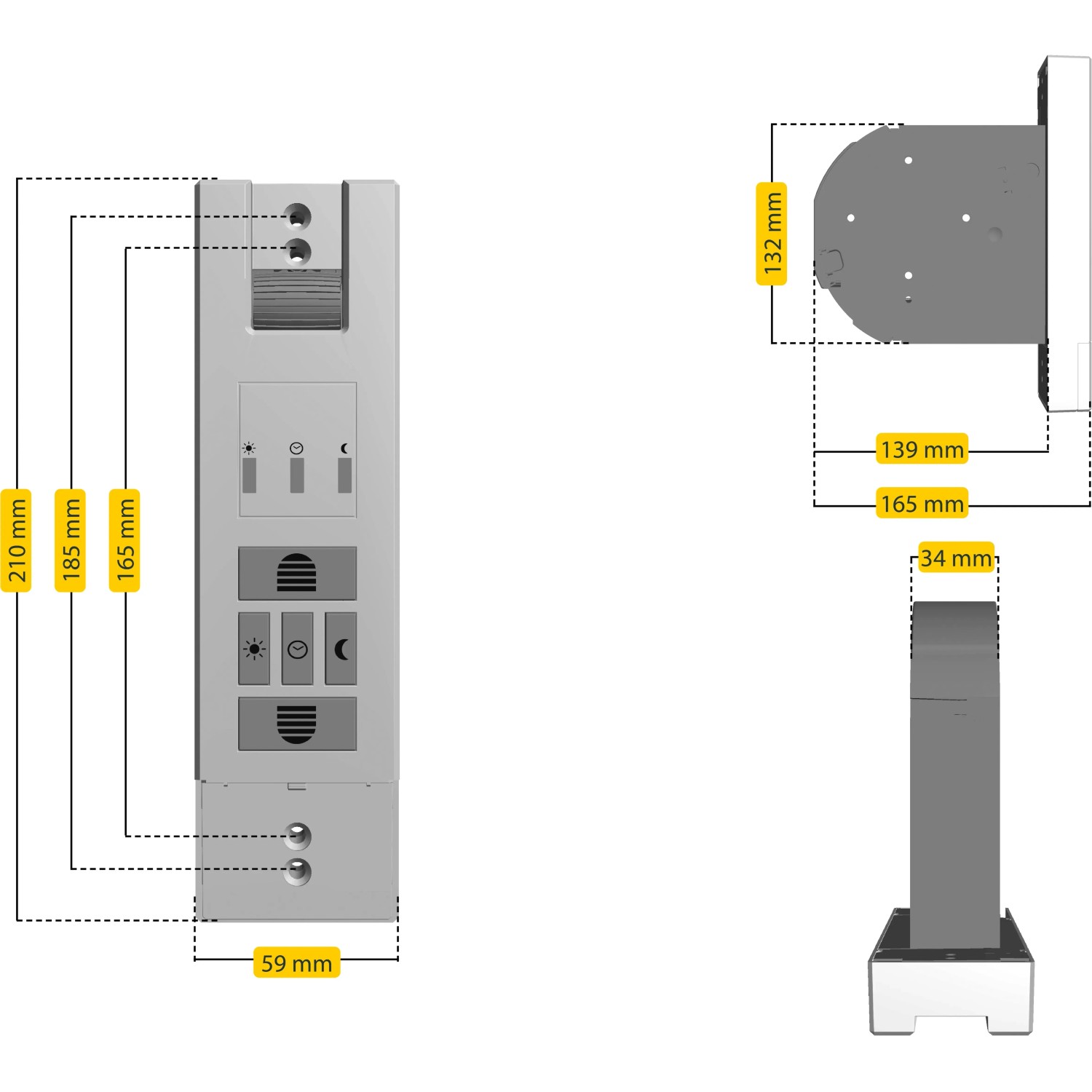 Maße des Schellenberg RolloDrive 65 Premium Rollladenantriebs mit Einlasswickler.
