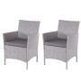 2er-Set graue Poly-Rattan Gartensessel Halden mit anthrazitfarbenen Kissen.