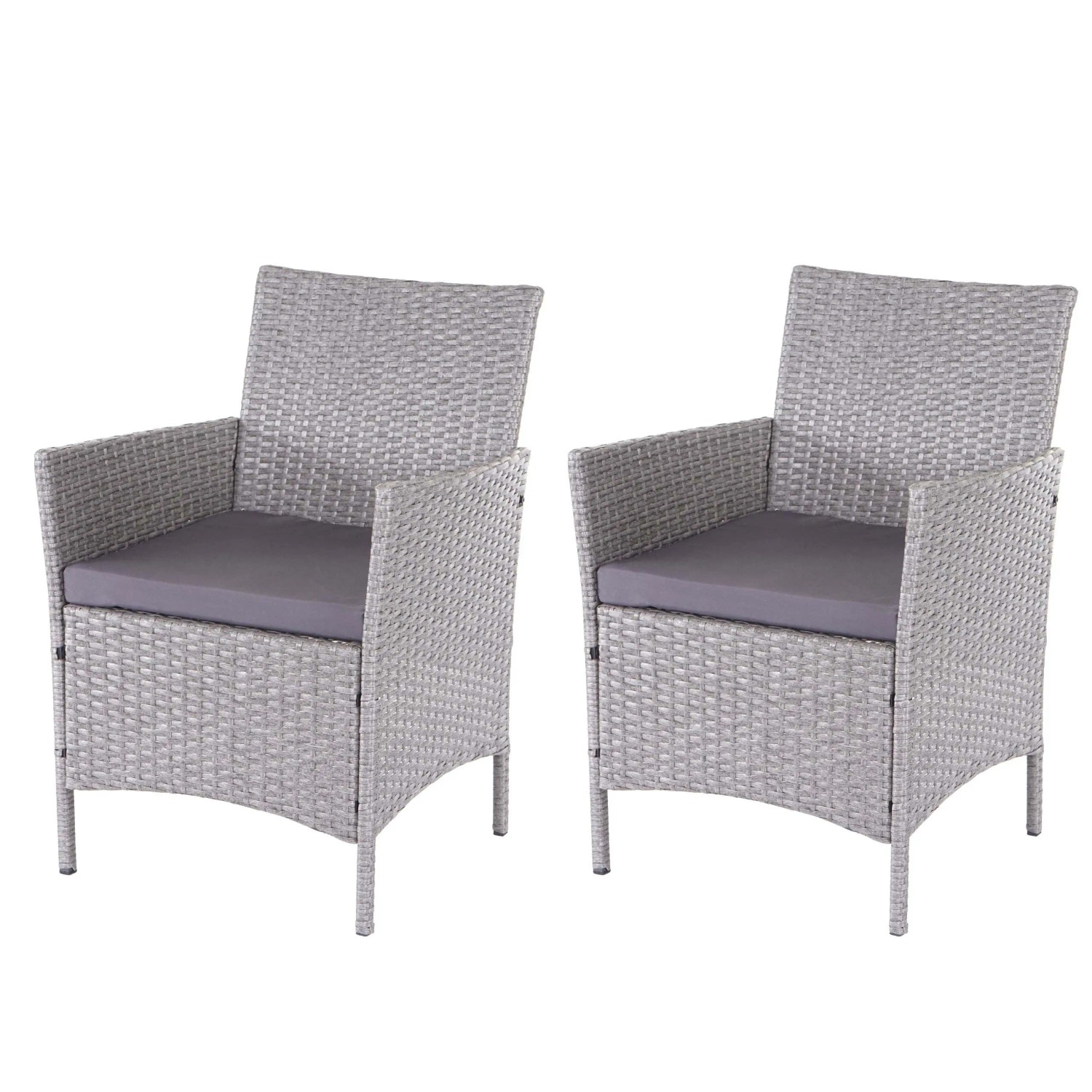2er-Set graue Poly-Rattan Gartensessel Halden mit anthrazitfarbenen Kissen.