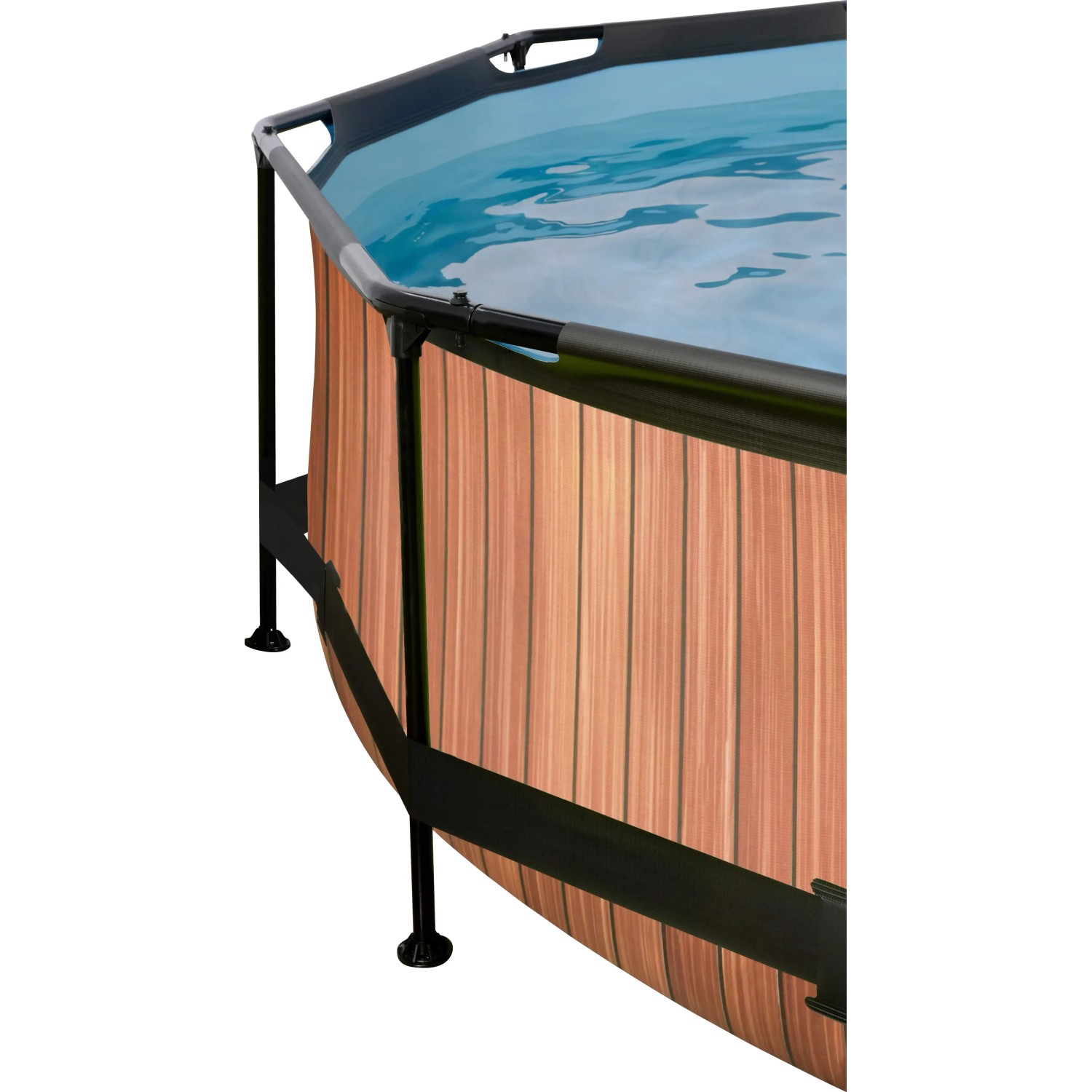 Detailansicht des runden EXIT Wood Pools (ø 360 cm) in Braun mit Stahlrahmen und Sonnensegel.