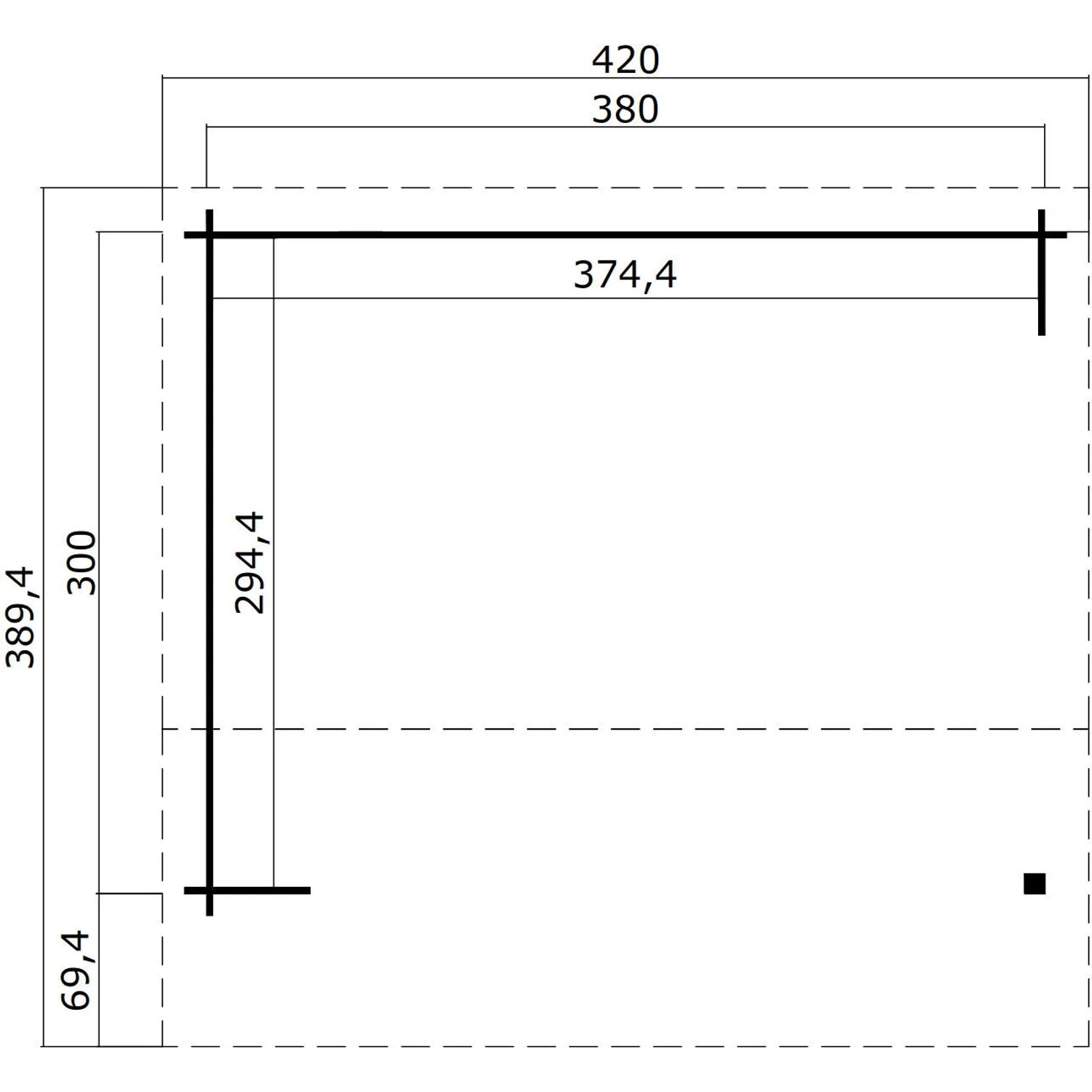 Grundrisszeichnung des Unterstands/Lounge Kirian 300, Fundamentmaß 3800x3000 mm.
