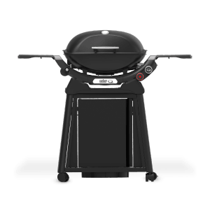 Schwarzer Weber Gasgrill Q2800N+ mit Rollwagen und Alugussgehäuse.
